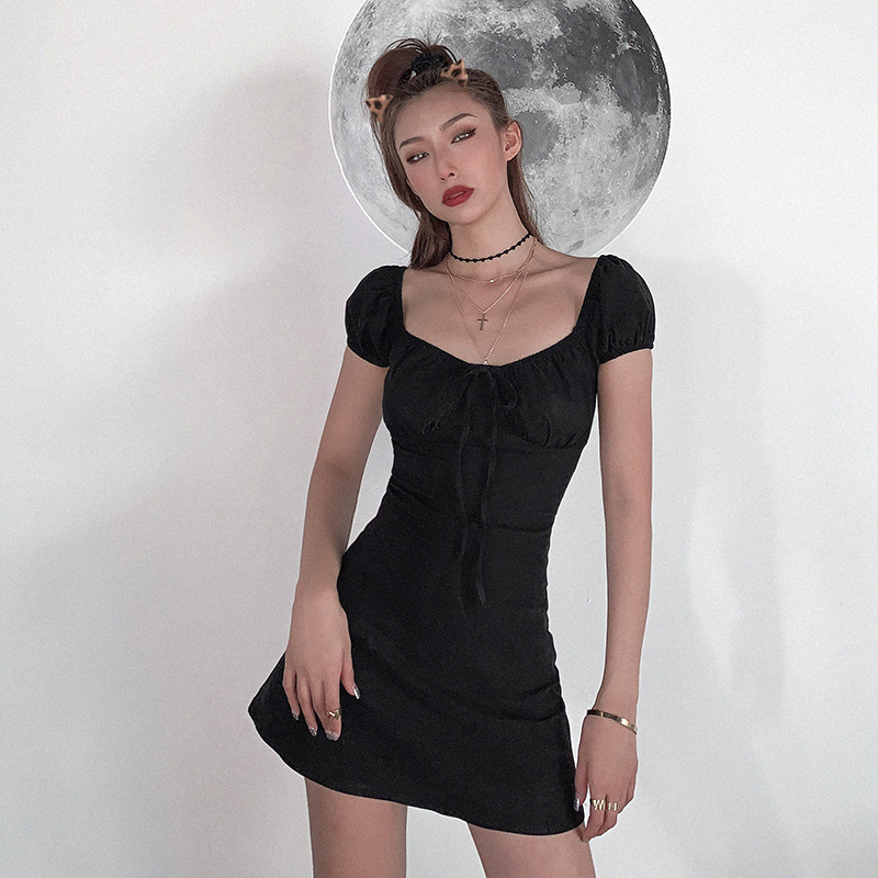 Klalien Đầm Mini Tay Phồng Màu Đen Đơn Giản Thời Trang Mùa Hè Dành Cho Nữ