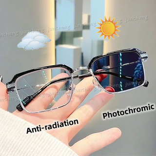 Kính Chống Bức Xạ Photochromic Hàn Quốc Kim Loại Vuông Nam Nữ Kính Mắt Thời Trang Chống Ánh Sáng Xanh Kính Bóng Và Đổi Màu Kính Mát Chống Tia UV