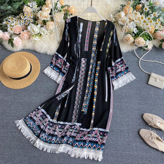 Phong Cách Hàn Quốc Nữ Voan Retro Boho Hoa Hippie Mùa Hè Áo Cardigan Hàng Sẵn Mới