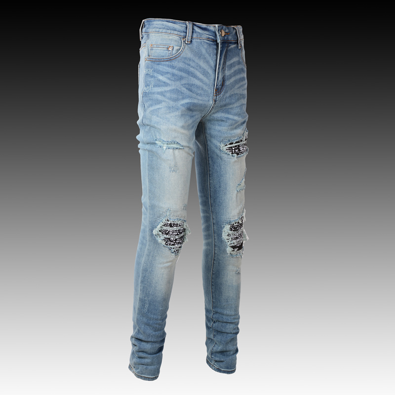 Quần Jean Nam Mới Thời Trang Với Miếng Dán Màu Xanh Và Lỗ Vỡ, Hợp Thời Trang Hip Hop Slim Fit, Quần Nam Co Giãn Hip Hop Micro Chất Lượng Cao