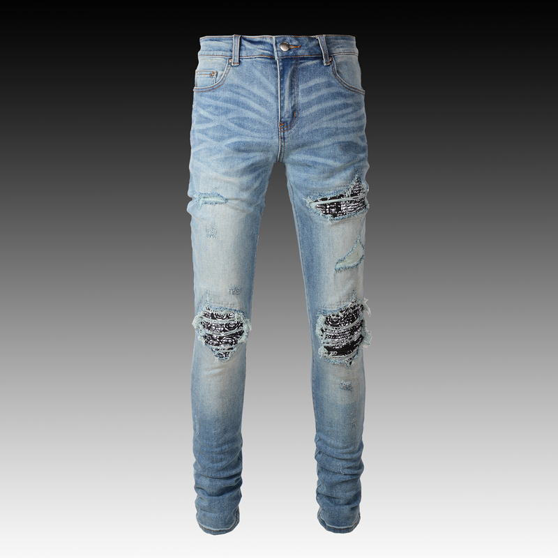 Quần Jean Nam Mới Thời Trang Với Miếng Dán Màu Xanh Và Lỗ Vỡ, Hợp Thời Trang Hip Hop Slim Fit, Quần Nam Co Giãn Hip Hop Micro Chất Lượng Cao