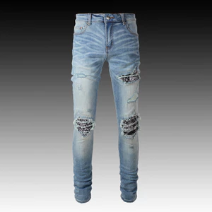 Quần Jean Nam Mới Thời Trang Với Miếng Dán Màu Xanh Và Lỗ Vỡ, Hợp Thời Trang Hip Hop Slim Fit, Quần Nam Co Giãn Hip Hop Micro Chất Lượng Cao