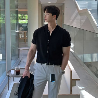 Áo len dệt kim ngắn tay phong cách lười biếng Nhật Bản hợp thời trang Áo sơ mi POLO tối giản phù hợp thời trang dạo phố Áo thun ve áo thông thường Áo sơ mi cổ vuông nửa tay bằng lụa băng cao cấp