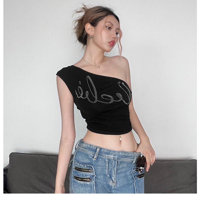 Klalien Áo Hai Dây Mùa Hè Ôm Dáng Lệch Vai In Họa Tiết Chữ Thời Trang Đường Phố Cá Tính Cho Nữ