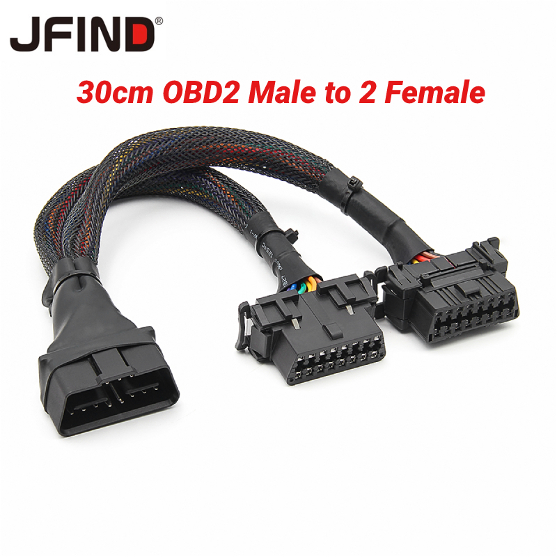 30cm 2 Trong 1 OBD 2 Cáp Nối Dài OBD2 16Pin Nam Đến 2 Nữ Bộ Chia Kết Nối Ô Tô Cắm Chuyển Đổi Cho Xe Honda Toyota Sang ELM327 HUD Adapter Y Cáp Flat 16Pin Kết Nối