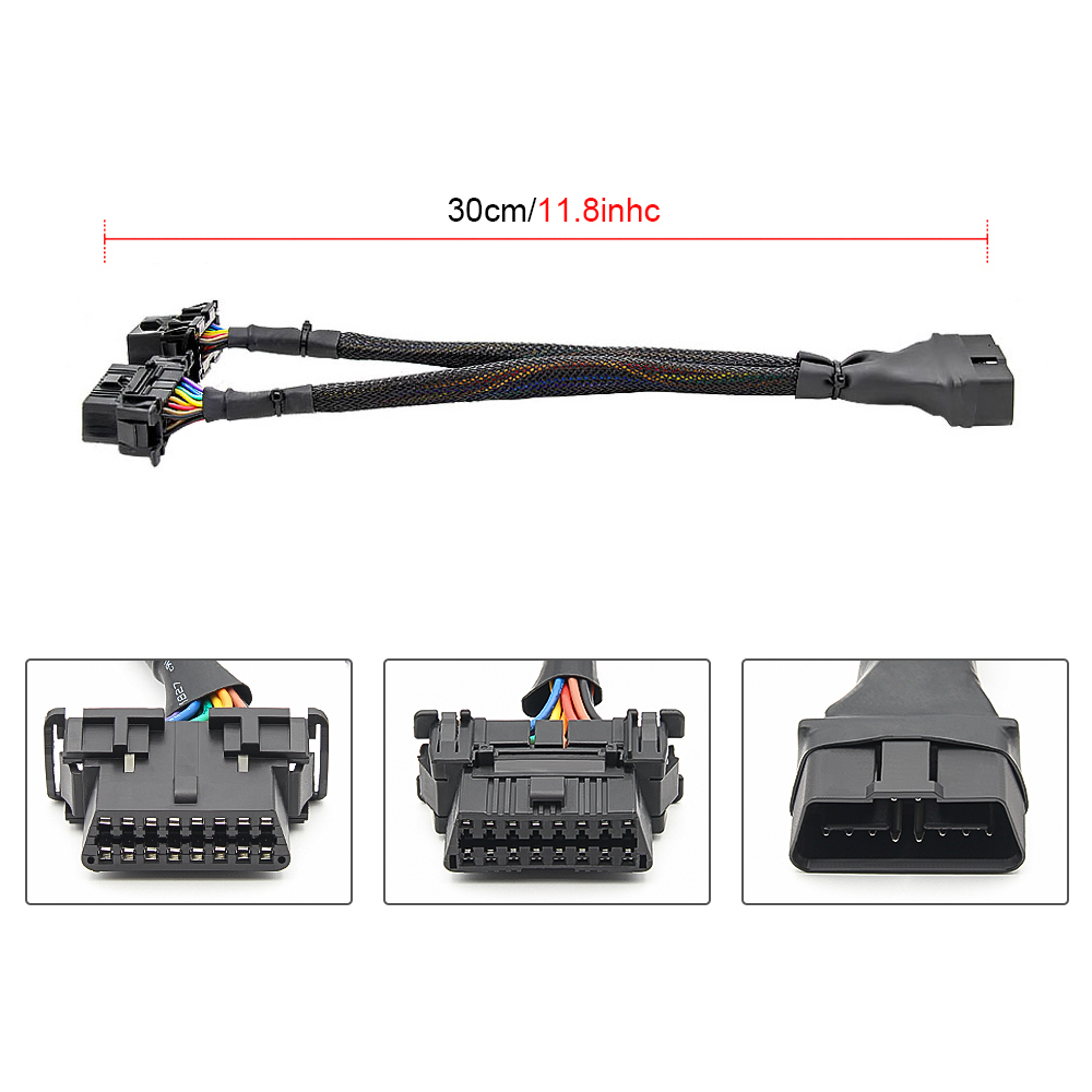 30cm 2 Trong 1 OBD 2 Cáp Nối Dài OBD2 16Pin Nam Đến 2 Nữ Bộ Chia Kết Nối Ô Tô Cắm Chuyển Đổi Cho Xe Honda Toyota Sang ELM327 HUD Adapter Y Cáp Flat 16Pin Kết Nối