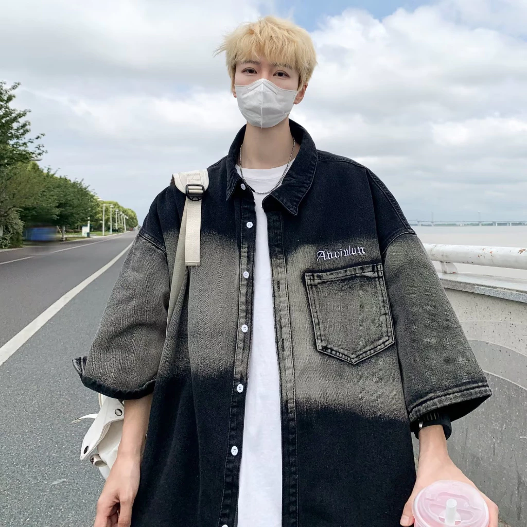 Gradient Denim Áo Sơ Mi Tay Ngắn Nam M-3XL Ba Màu Mùa Hè gradient Áo Sơ Mi Nam Phong Cách Hồng Kông Áo Khoác Denim Nam Xù Đẹp Trai Nửa Tay Áo Sơ Mi Mỹ Cao Cấp Nửa Tay Áo Sơ Mi Nam