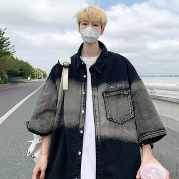 Gradient Denim Áo Sơ Mi Tay Ngắn Nam M-3XL Ba Màu Mùa Hè gradient Áo Sơ Mi Nam Phong Cách Hồng Kông Áo Khoác Denim Nam Xù Đẹp Trai Nửa Tay Áo Sơ Mi Mỹ Cao Cấp Nửa Tay Áo Sơ Mi Nam Niche Thiết Kế Áo Sơ