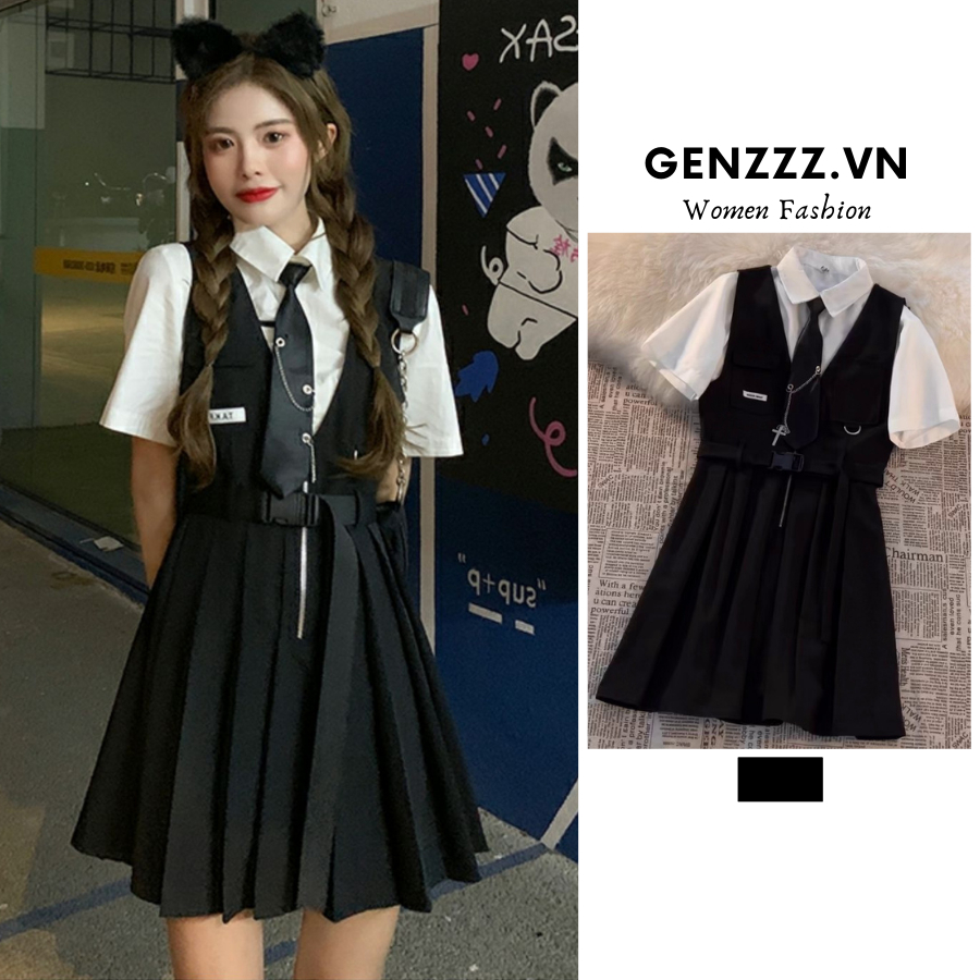 Set áo sơ mi và đầm yếm ( tặng kèm cà vạt ) phong cách Preppy trẻ trung, năng động, bộ đồ áo croptop và váy xếp ly Ulzzang style dành cho nữ