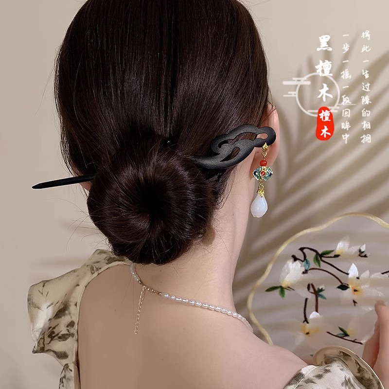 2 Chiếc Trung Quốc Retro Gỗ Kẹp Tóc Bộ Đĩa Ngọc Thỏ Đen Gỗ Đàn Hương Phụ Kiện Tóc 2025 Mới Phụ Kiện Thời Trang