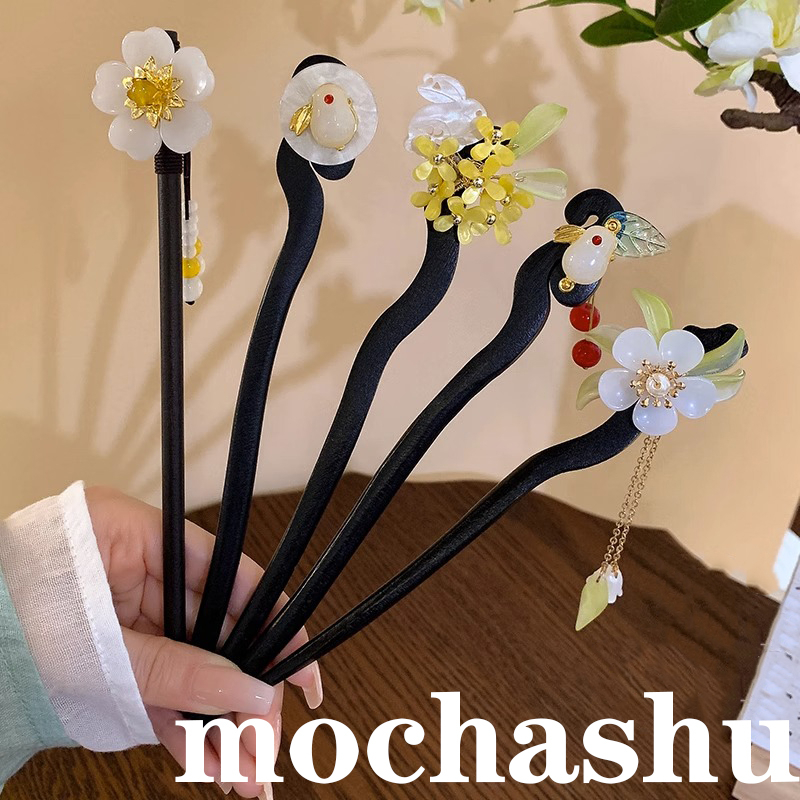 2 Chiếc Trung Quốc Retro Gỗ Kẹp Tóc Bộ Đĩa Ngọc Thỏ Đen Gỗ Đàn Hương Phụ Kiện Tóc 2025 Mới Phụ Kiện Thời Trang