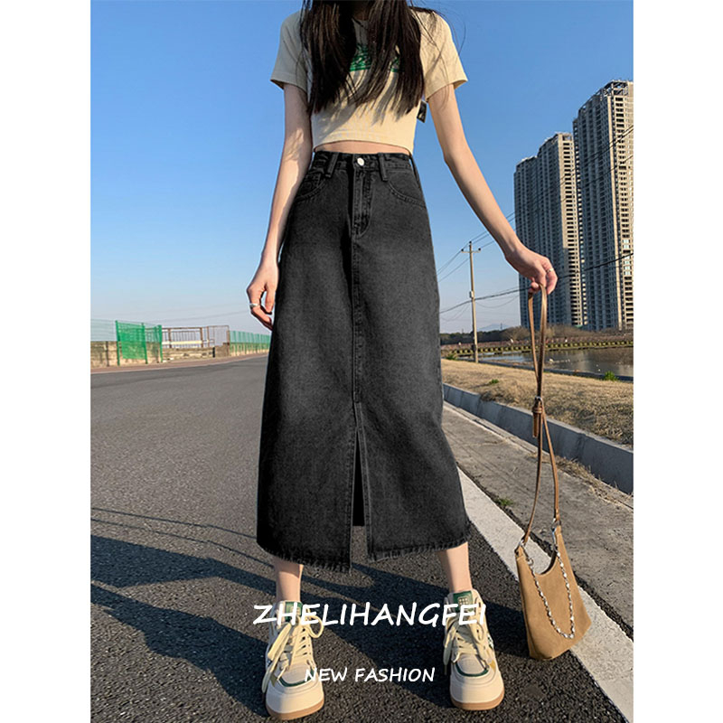 ZHELIHANGFEI Chân Váy Denim Lưng Cao Dáng Chữ a Phong Cách Retro Dành Cho Nữ