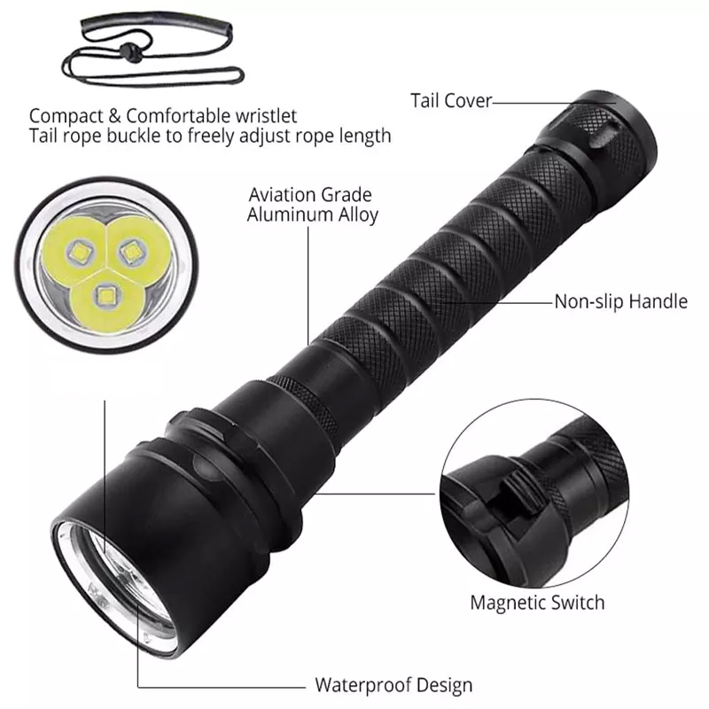 Đèn pin lặn chuyên nghiệp 8000 lumens, chống nước, dùng cho lặn sâu tới 100m