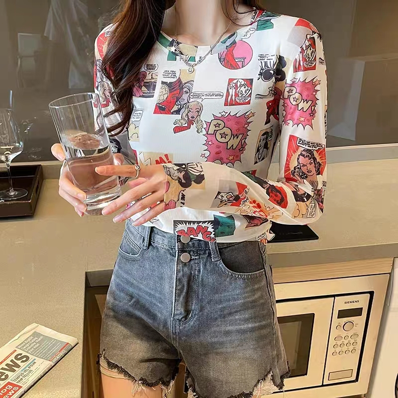 Milyfashion Phong Cách Mới Kem Chống Nắng Ice Silk Dài Tay T Mùa Hè Hoạt Hình In Gạc Nhìn Xuyên Qua Mờ