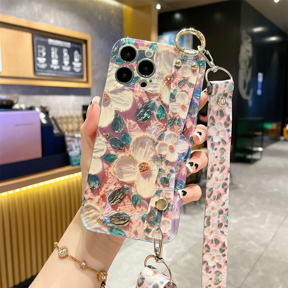 Ốp Điện Thoại Họa Tiết Hoa Có Dây Đeo Cho iPhone 14 Pro 11 12 13 Pro Max XS X XR 7 8 Plus SE