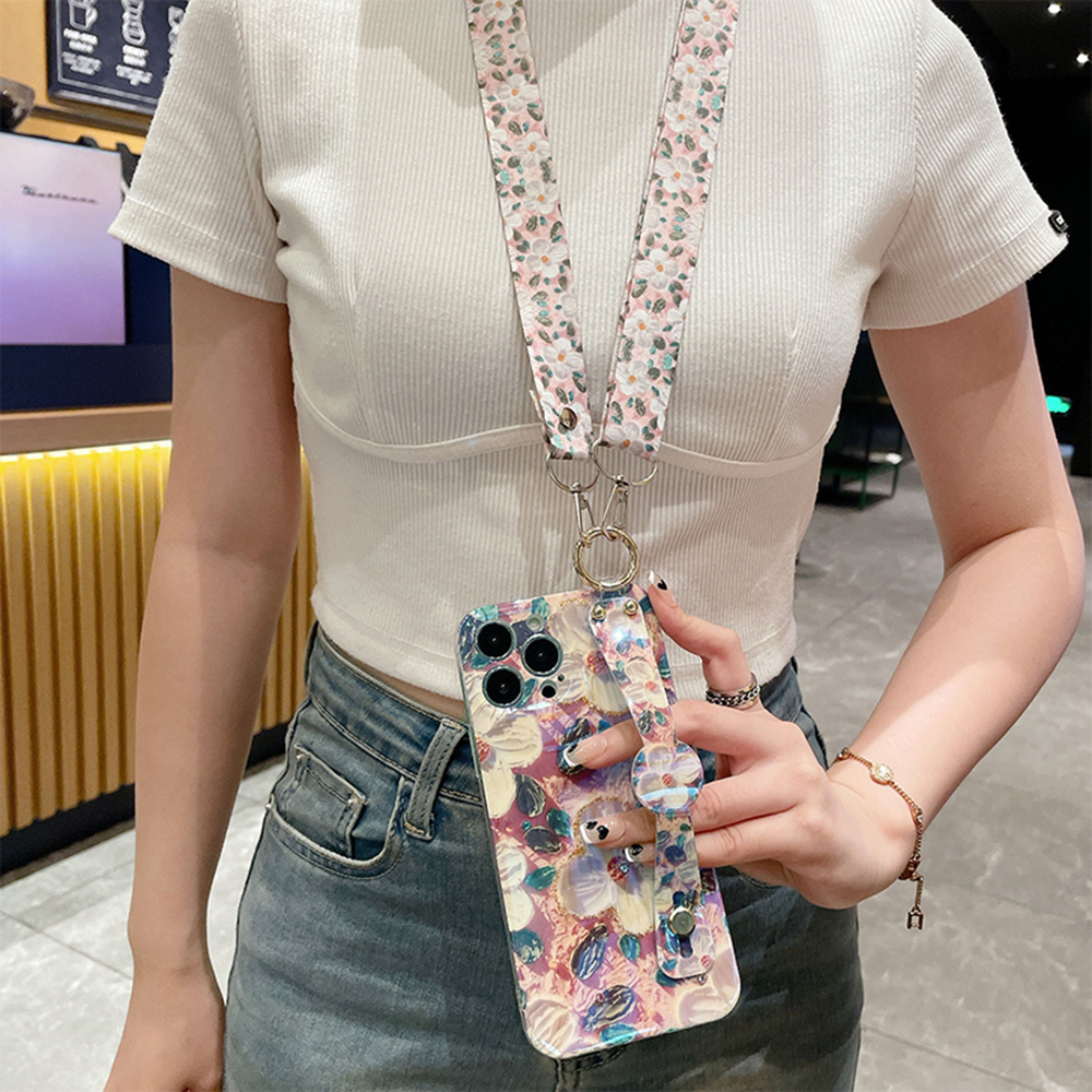 Ốp Điện Thoại Họa Tiết Hoa Có Dây Đeo Cho iPhone 14 Pro 11 12 13 Pro Max XS X XR 7 8 Plus SE