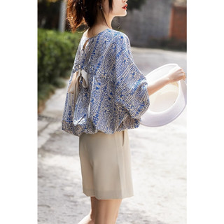 Áo Sơ Mi Voan Cánh Dơi 3 / 4 In Hoa Phong Cách Hàn Quốc Cho Nữ
