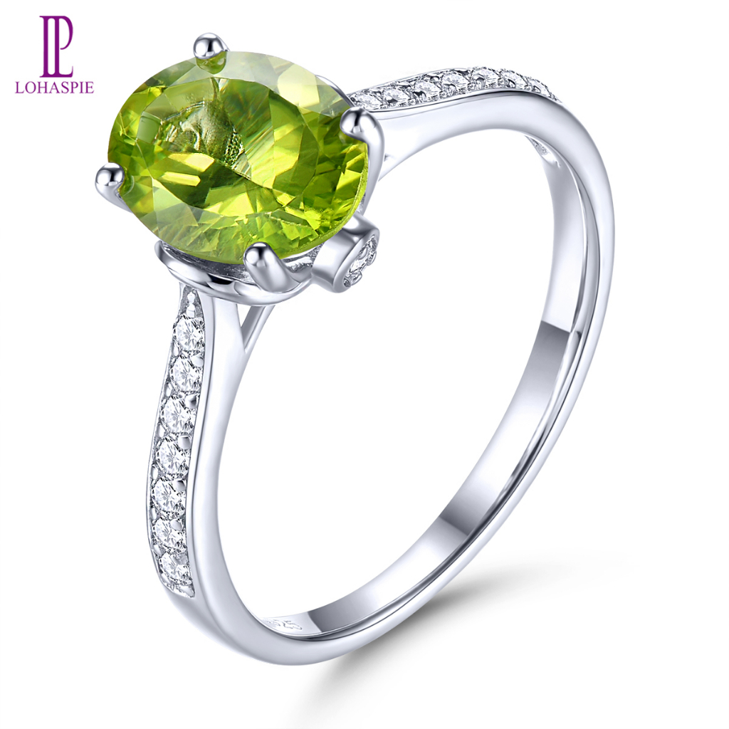 Lohaspie Trang Sức Chính Hãng 1.8 Carats 925 Nhẫn Bạc Thật Màu Xanh Lá Cây Tự Nhiên Peridot Nhẫn Hình Bầu Dục Cắt Đá Quý Nhẫn Bạc 925 Nguyên Bản Sinh Dành Cho Nữ Trang Sức