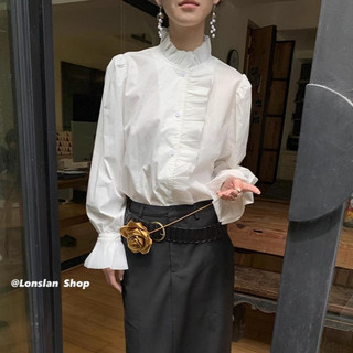 Áo Kiểu Tay Dài Cổ Đứng Hoạ Tiết Hoa Phong Cách retro Hàn Quốc