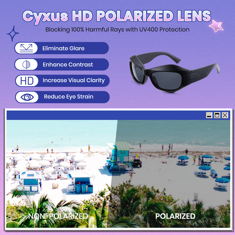Cyxus Kính Râm Phân Cực Phong Cách Y2K Gọng Vuông Ôm Mặt Chống UV400 Đa Năng Đạp Xe Du Lịch Biển 1096