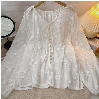 Phong Cách Hàn Quốc Nữ Nữ Rời Đèn Lồng Dài Tay Cổ Tròn Thêu Áo Sơ Mi Hoa Áo Baju Baju Wanita Lengan Panjang Hàng Mới Sẵn Có
