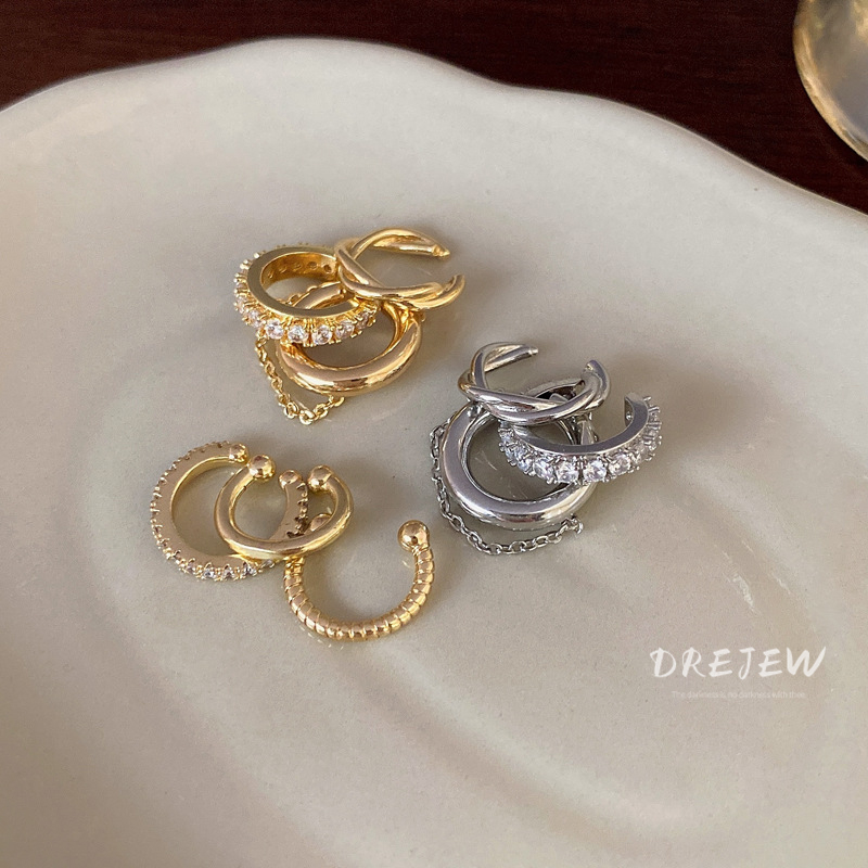 Ảnh DREJEW Bộ 3 Bông Tai Kẹp Vành Tai Kim Loại Tua Rua Thiết Kế Đơn Giản Cá Tính Phong Cách Hàn Quốc 2