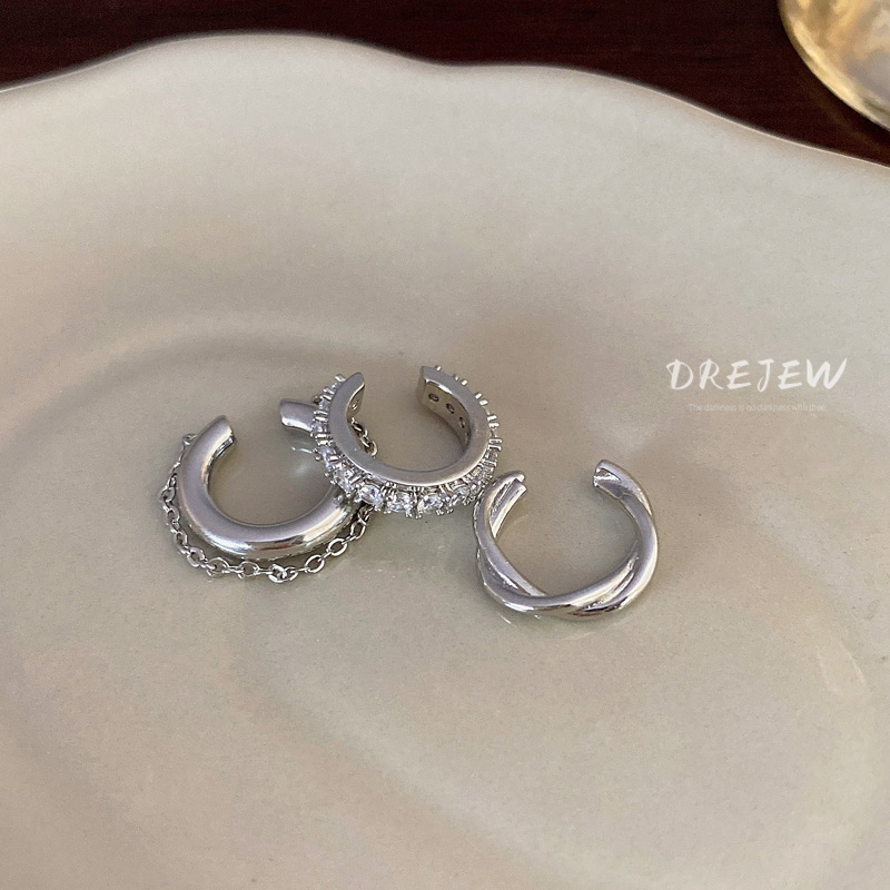 Ảnh DREJEW Bộ 3 Bông Tai Kẹp Vành Tai Kim Loại Tua Rua Thiết Kế Đơn Giản Cá Tính Phong Cách Hàn Quốc 1