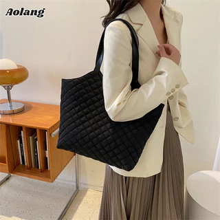 Aolang Túi tote Đeo Một Bên Vai Sức Chứa Lớn Màu Trơn Họa Tiết Hình Thoi Cho Nữ