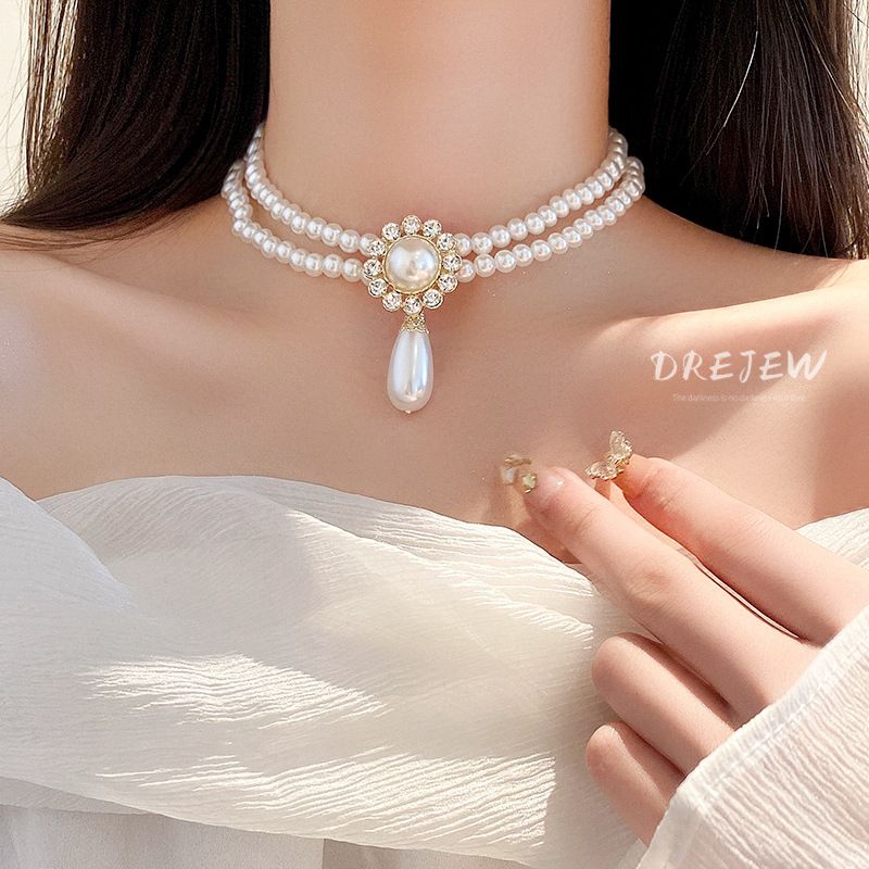 DREJEW Vòng cổ Hai Lớp Đính Kim Cương Giả Hình Giọt Nước Và Hoa Phong Cách retro Pháp Dây Chuyền Ngọc Trai