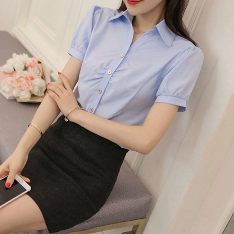 Áo Sơ Mi Tay Ngắn Dáng Ôm Hoạ Tiết Đôi Cánh Màu Trắng / Xanh Dương Size S-5xl Thời Trang Công Sở Mới Cho Bạn Gái