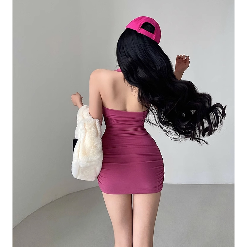 Comes Đầm Ngắn Ôm Dáng Cổ Vuông Xếp Ly Hai Dây Ôm Dáng Có Đệm Ngực ~ Âu Mỹ Tinh Khiết Quyến Rũ