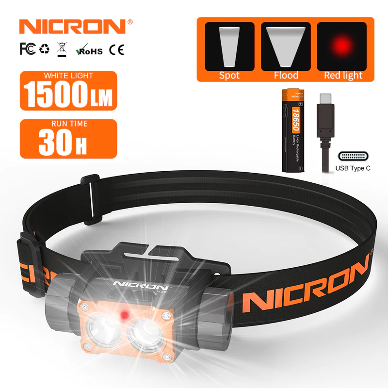 Đèn pha Nicron H25 / H35plus 1500lumens / 1600lumens Độ sáng cao Điều khiển công tắc đôi Đèn pha LED có thể sạc lại Đèn pin cho ngoài trời — ảnh 1