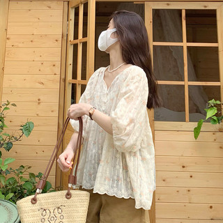 Áo Kiểu Tay Ngắn Phồng Cổ Chữ v Thêu Hoa Thời Trang Hàn Quốc Cho Nữ