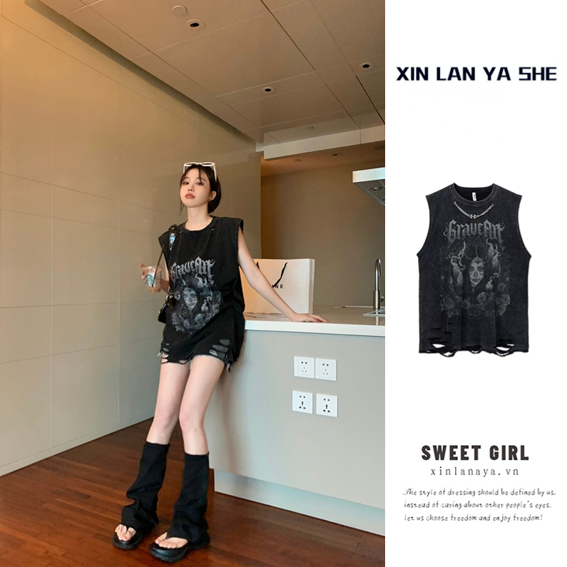 Xin LAN YA SHE Áo Sát Nách Cổ Tròn Rách Lỗ In Họa Tiết Phong Cách Đường ...