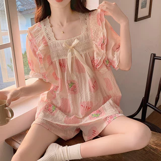 Bộ đồ ngủ vải cotton tay ngắn phồng thời trang dành cho nữ
