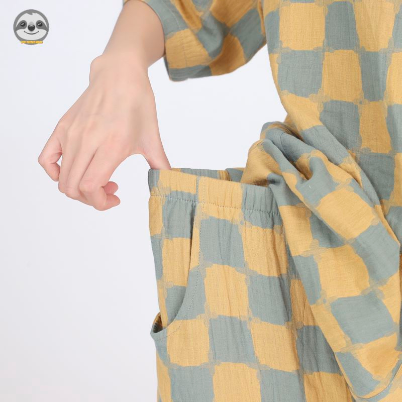 Phong Cách muji Phong Cách Nhật Bản / Đồ Ngủ Nữ Kẻ Caro / Đồ Ngủ Ba Tay Lỡ / Sợi cotton Hai Lớp
