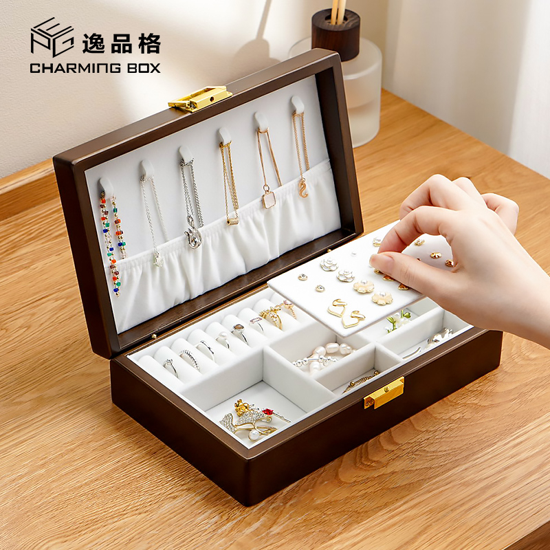 Hộp đựng trang sức CASEGRACE hình chữ nhật bằng gỗ phối nhung sang trọng thời trang cao cấp