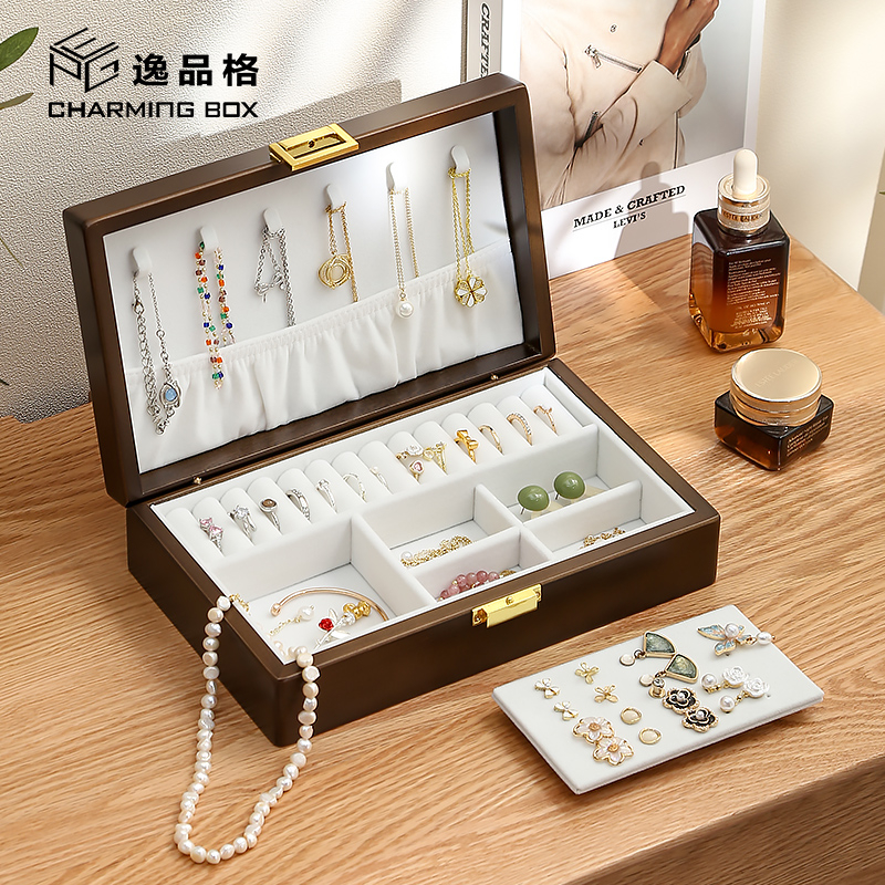 Hộp đựng trang sức CASEGRACE hình chữ nhật bằng gỗ phối nhung sang trọng thời trang cao cấp