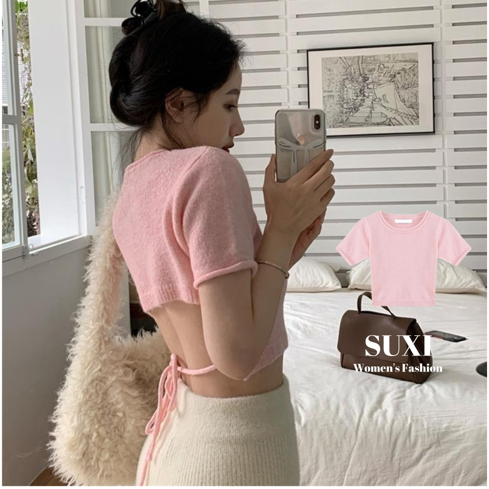 Áo croptop dệt kim SUXI tay ngắn lưng cao cột dây phong cách Hàn Quốc quyến rũ