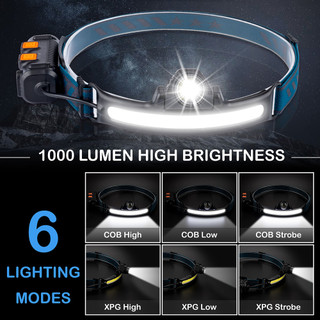 Đèn Pin Đeo Đầu LED XPG + COB Chống Thấm Nước 6 Chế Độ Tích Hợp Pin Sạc USB Tiện Dụng