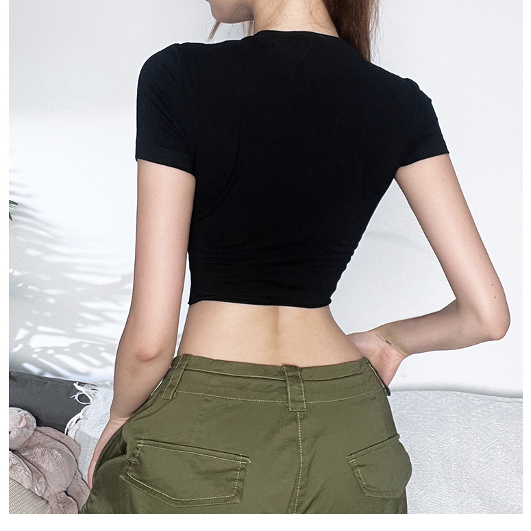 Klalien Áo Thun Croptop Tay Ngắn Dáng Ôm Màu Đen Trơn Khoét Lỗ Đơn Giản Phong Cách Đường Phố Gợi Cảm Dành Cho Bạn Nữ