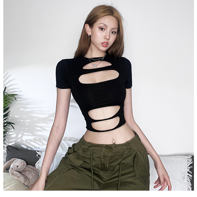 Klalien Áo Thun Croptop Tay Ngắn Dáng Ôm Màu Đen Trơn Khoét Lỗ Đơn Giản Phong Cách Đường Phố Gợi Cảm Dành Cho Bạn Nữ