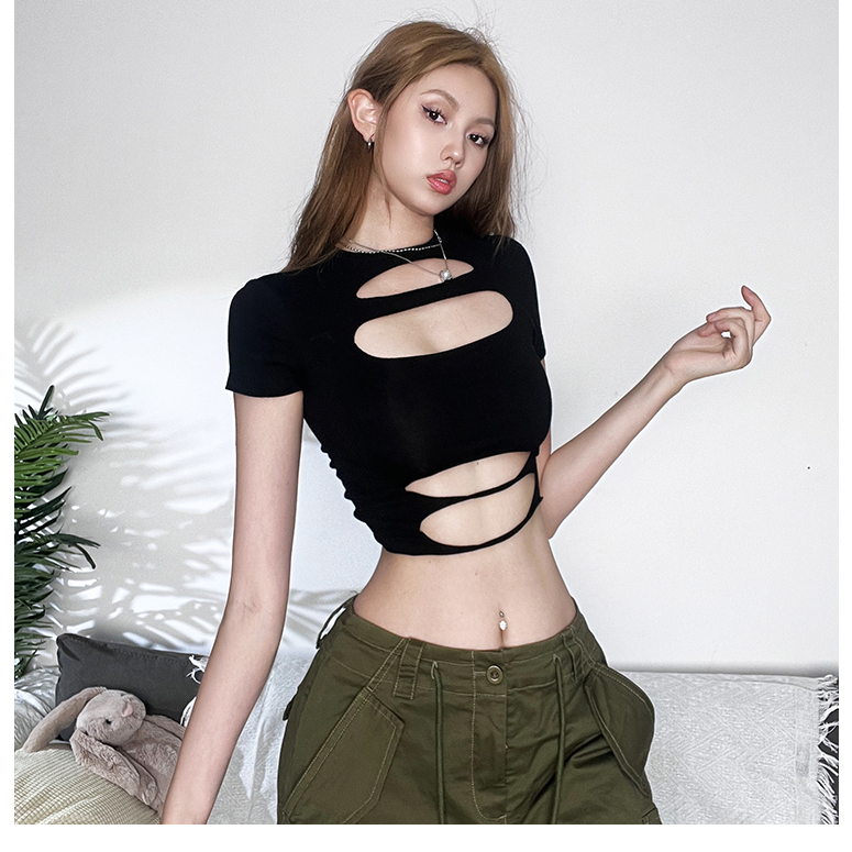 Klalien Áo Thun Croptop Tay Ngắn Dáng Ôm Màu Đen Trơn Khoét Lỗ Đơn Giản Phong Cách Đường Phố Gợi Cảm Dành Cho Bạn Nữ