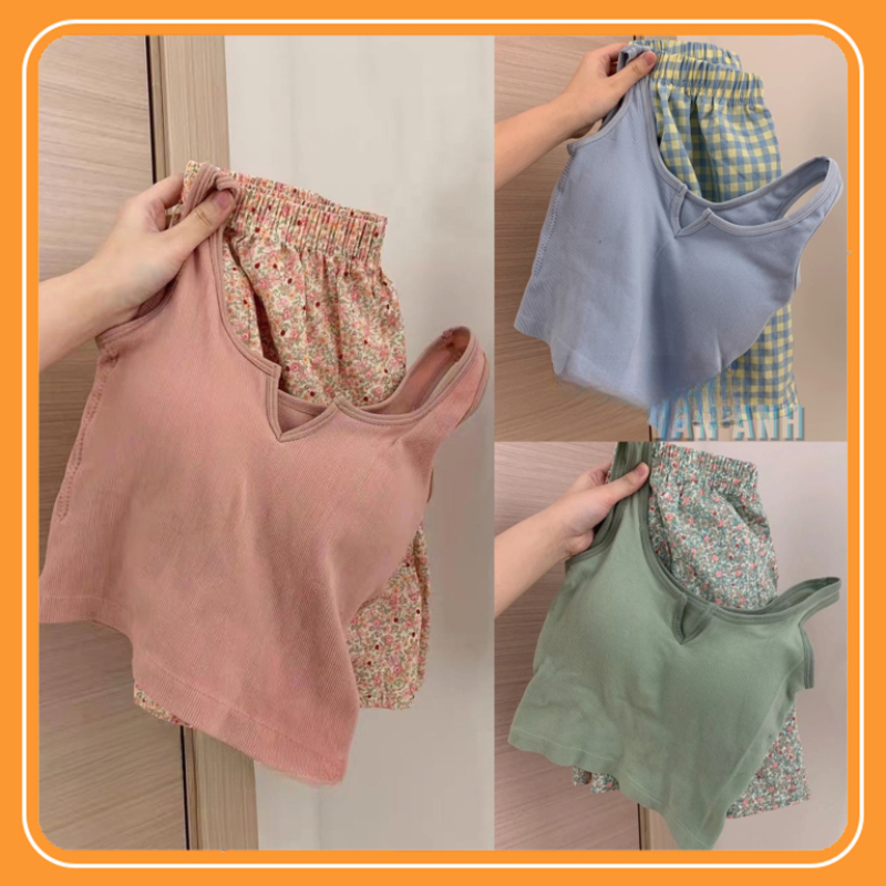 Bộ đồ ngủ mặc nhà Áo Hai Dây Phối Quần Short chất mát kèm mút