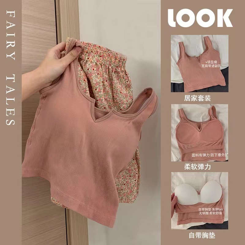 Bộ đồ ngủ mặc nhà Áo Hai Dây Phối Quần Short chất mát kèm mút