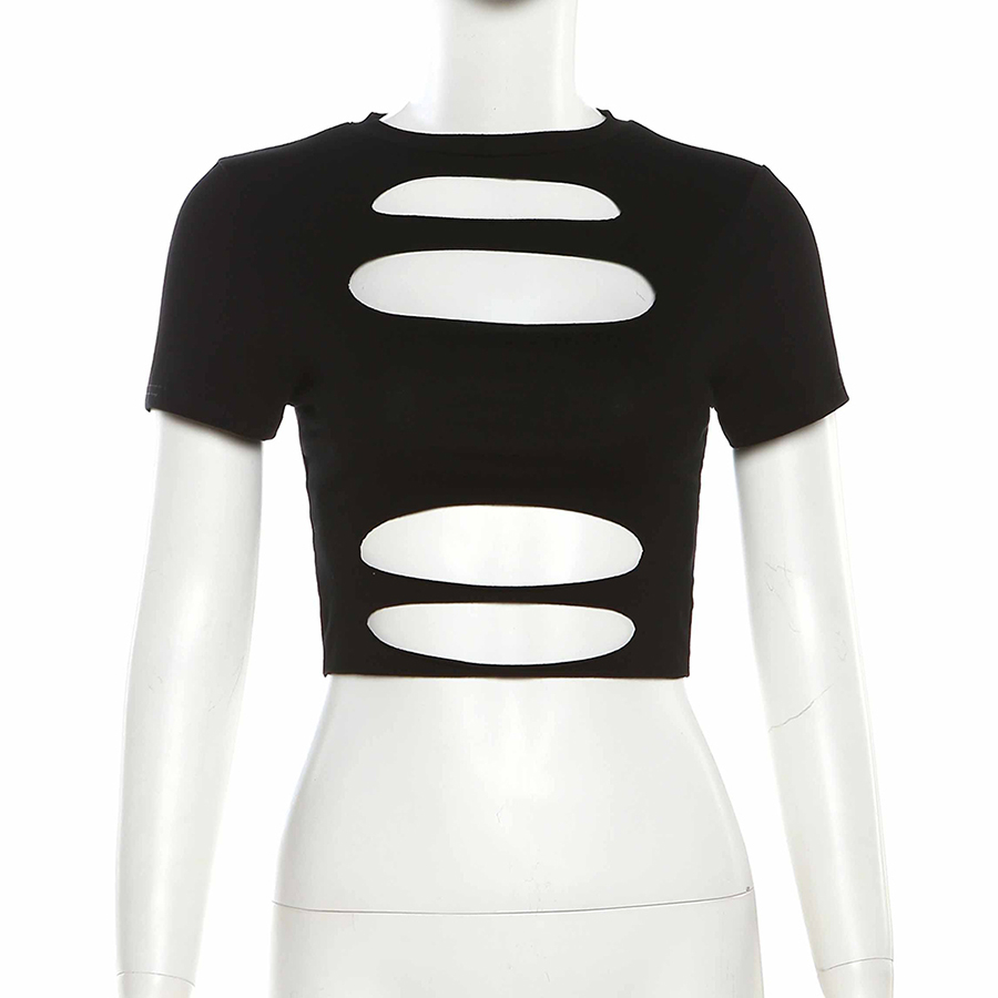 Klalien Áo Thun Croptop Tay Ngắn Dáng Ôm Màu Đen Trơn Khoét Lỗ Đơn Giản Phong Cách Đường Phố Gợi Cảm Dành Cho Bạn Nữ