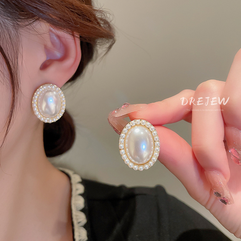 DREJEW Bông Tai Mạ Bạc Hình Oval Đính Ngọc Trai Thời Trang Cao Cấp