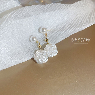 DREJEW Khuyên tai mạ bạc hình hoa trà đính ngọc trai phong cách mori Hàn Quốc dễ phối đồ