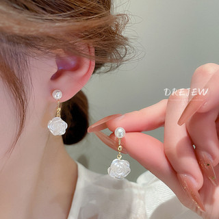 DREJEW Khuyên tai mạ bạc hình hoa trà đính ngọc trai phong cách mori Hàn Quốc dễ phối đồ
