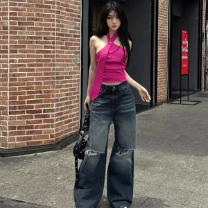 Klalien Áo Hai Dây Mùa Hè Ôm Dáng Màu Đỏ Trơn Thời Trang Cá Tính Cho Nữ Y2K